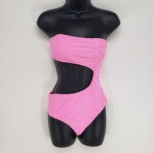 Aerie Floral Cut Out One Piece Swimsuit Strapless Sz Small Pink Bandeau Monokini